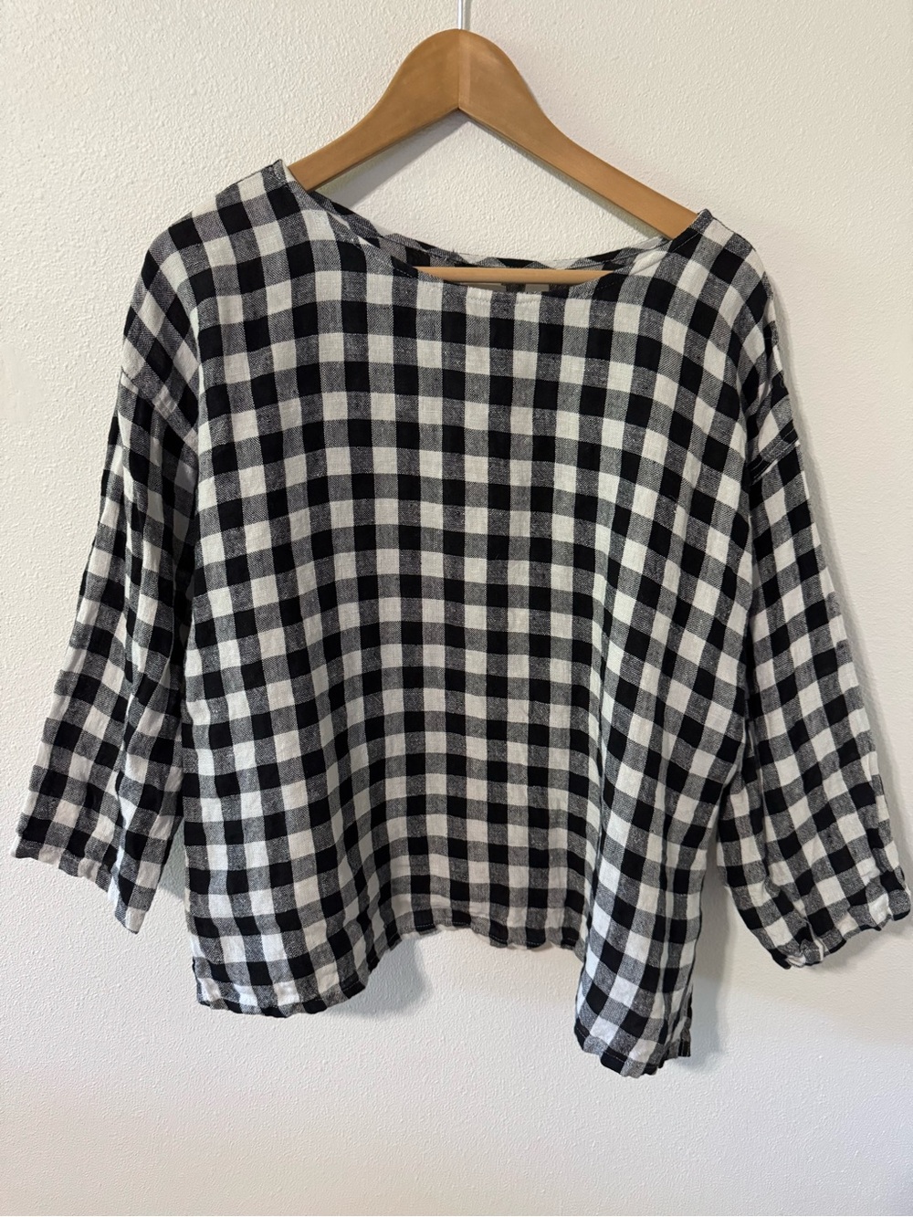 Meg by Design Linen Gingham Boxy Oversized Top Black White Scoop 3/4 Sleeve-S